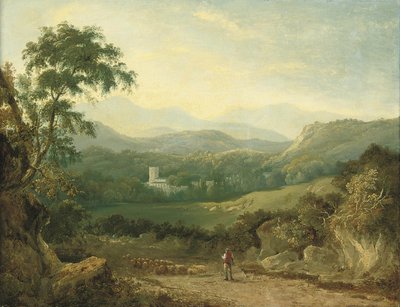 Mountainous Landscape near Porthmadog with Shepherd, Flock, Collie, Traveller, Cows, and Village by George Barret